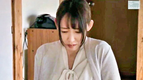 Japanese MILF in cardigan looks reluctant, mother-son incest theme