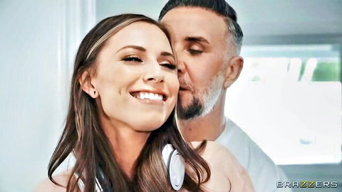 Aidra Fox smiles intimately as brother-in-law nuzzles her neck in Brazzers scene