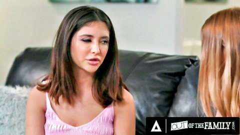 Jane Wilde in pink tank top pleads with redhead stepmom on couch