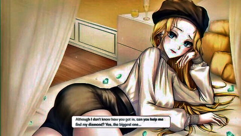 Seductive blonde anime girl in beret and skirt teases on bed, seeking biggest diamond