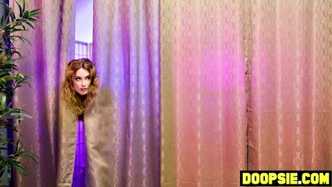 Kimmy Kimm peeking through curtains in trial room threesome tease