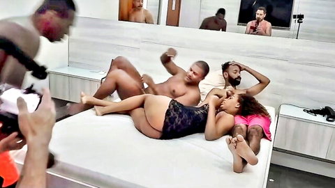 Pregnant ebony slut in black lingerie takes multiple black cocks in gangbang DP