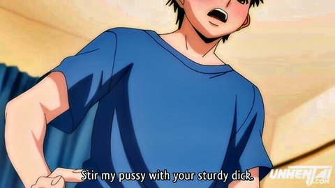 Hentai stepmom catches stepson jerking off, surprised anime boy in blue shirt