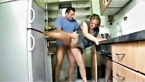Blonde housewife bent over counter getting fucked hard by man in kitchen