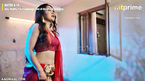 Sexy Indian woman in red saree posing seductively, busty bimbo vibe