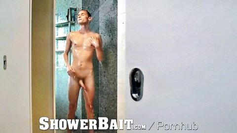 Nude Asian man in steamy shower, wet slim body and erect cock exposed