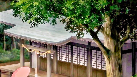Anime scene of traditional Japanese shrine with gray roof, wooden pillars, shoji screens, green trees, and pink floaty decoration