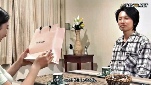 Megu Fujiura as big tits Japanese housewife with boss, JAV seduction scene