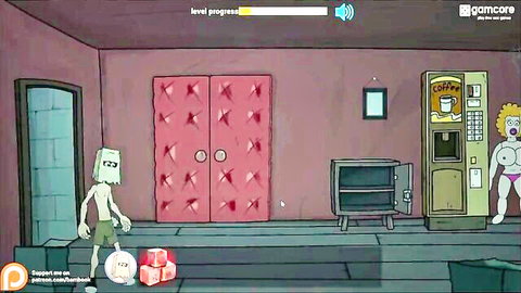 Cartoon Cockman baghead with busty blonde in explicit game scene