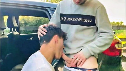 Kyle and Kam chav lads outdoor car blowjob dogging in park