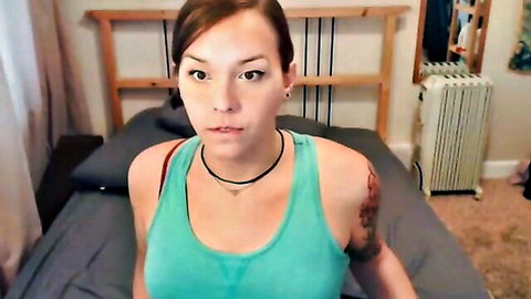 Horny transsexual girlfriend masturbates solo in teal tank top