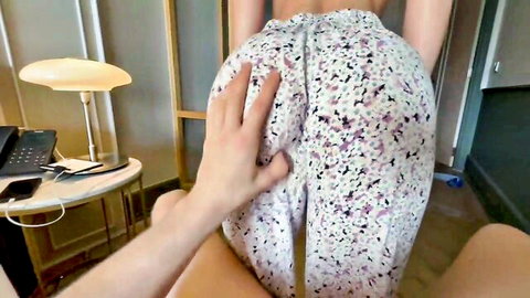 Hot stepsister's big ass grabbed over tight pants in hotel room