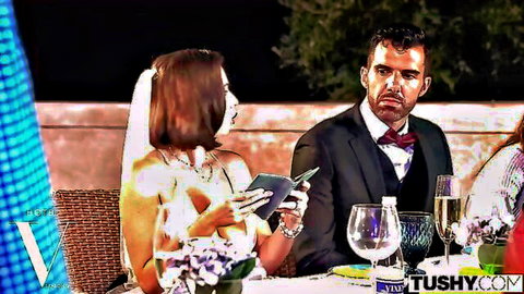 Bride Eve in white gown shares intimate moment with suited man at wedding table, Tushy anal premiere