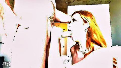 Redhead babe with long hair sucking big cock deep in mouth eyes up