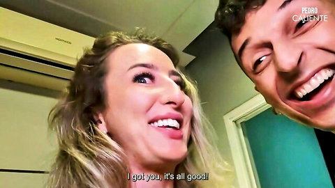 Smiling blonde wife poses with lover in teasing thumbnail for cuckold ride scene