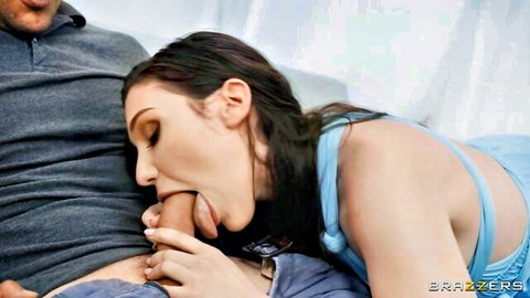 Alyx Star and Lily Lou double blowjob on man in Brazzers threesome