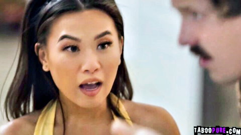 Kimmy Kimm in yellow halter top talking to Robby Apples in intimate scene