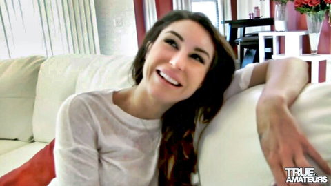Smiling brunette in white top, teasing look in amateur blowjob and pussy drilling video