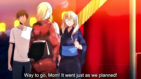 Hentai blonde mom in glasses miko outfit thumbs up with son and muscular blonde celebrating plan