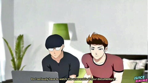 Two anime guys in bedroom chatting over laptop about boring documentary
