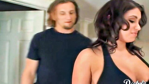 Diabolic gonzo scene with busty brunette in tank top and man behind her