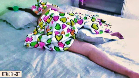 Maxxx Dickinher petite body in colorful heart dress on bed homemade tease