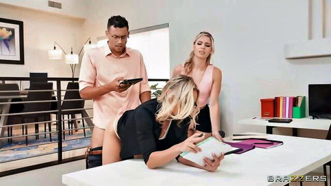 Blonde woman bent over desk with exposed ass, man with gun in Brazzers threesome