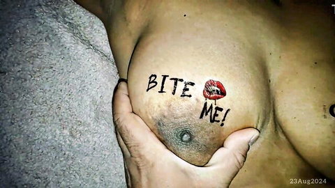 Desi Indian wife shows 'BITE ME' tattoo on breast in hot Tamil deep throat scene