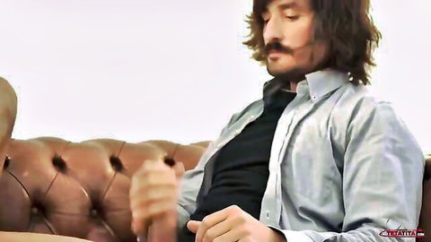 Long-haired Latino man with mustache in office shirt, adult video thumbnail