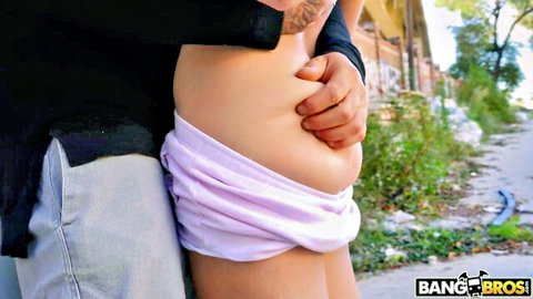 Curvy redhead in pink panties grabbed by man in outdoor POV cash sex scene