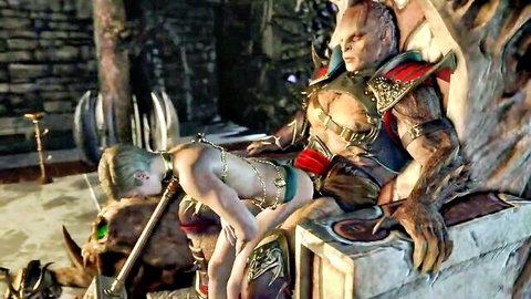 Blue-haired nude slave sucks lizard monster's huge cock on dungeon throne