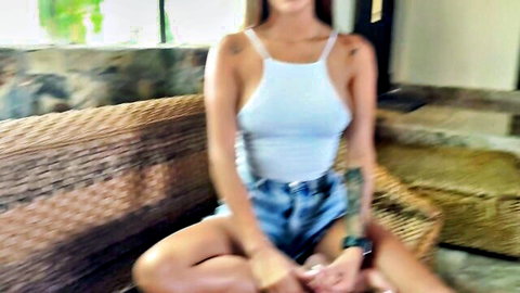 Sexy brunette in revealing white crop top and denim shorts, stepbro truth or dare tease