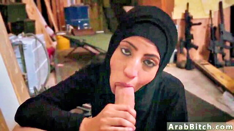 Petite Arab teen in hijab giving blowjob for first time