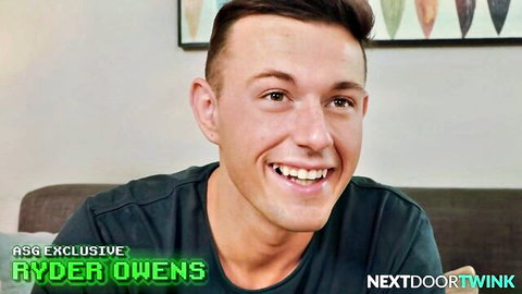 Ryder Owens smiling hungrily in black tee, Next Door Twink exclusive