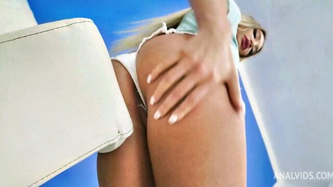 Blonde teen spreads pink pussy and tight asshole bent over white couch