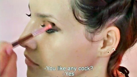 Maia applying makeup, admitting she likes any cock in blowjob tease