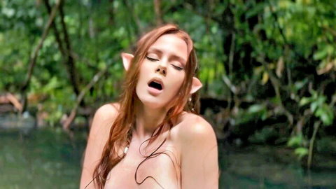 Sweetie Fox as nude elf in wet forest, aroused in D&D erotic tale