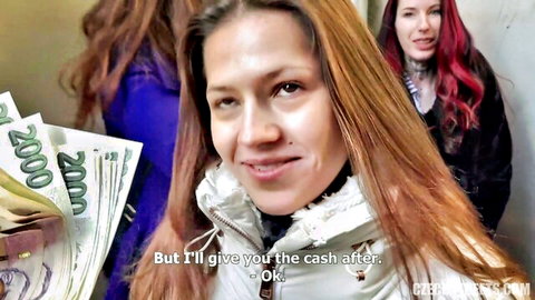 Czech Streets redhead in white jacket holds cash with friend after pickup