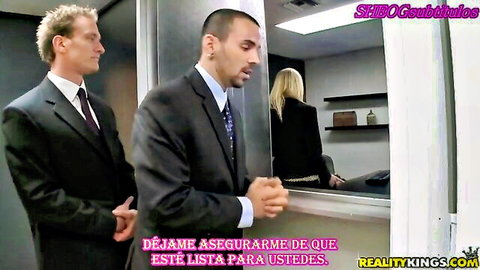 Velicity Von boss reviews performance with suited employees Riley Evans