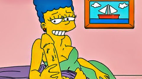 Marge Simpson blue-haired MILF cheating, smiling with big cock in hand