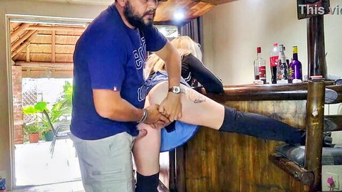 Redsparow in stockings bent over bar, fingered by bearded partner