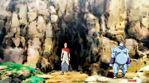Hentai anime girl in red dress confronts giant blue goblin at cave entrance