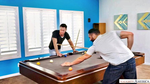 Lana Rhoades in steamy threesome setup with two guys at pool table