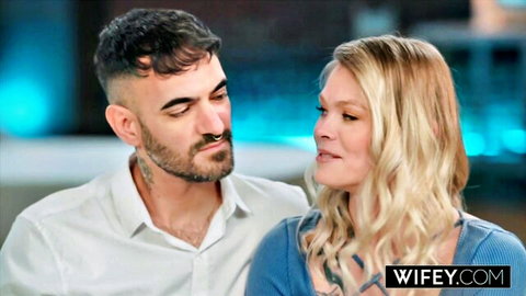 Blonde wife interviews tattooed hunk intimately on wifey.com stage