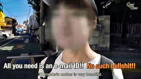 Blurry faced Asian boy in cap and backpack stands on urban street with spam text about Zhengsu's beautiful mother