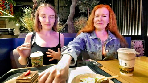 Polly Yangs redhead MILF with young blonde in casual cafe tease