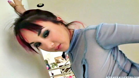 Yammy Babe in sheer top, teasing close-up for bukkake blowbang swallow