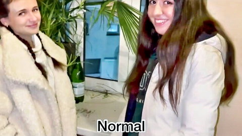 Two smiling friends in coats, one blonde one brunette, before creampie and cumshot fun