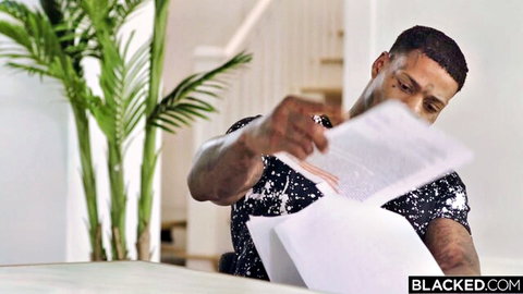 Ava Addams domination scene with tattooed black stud holding papers, Blacked interracial preview