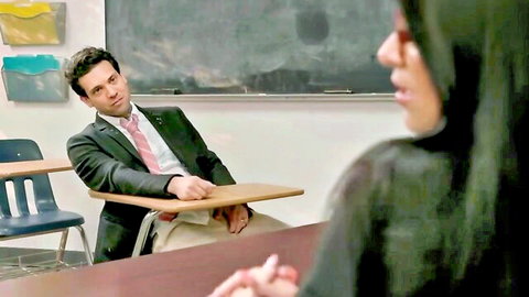 Romi Rain in hijab seducing suited man in classroom tease